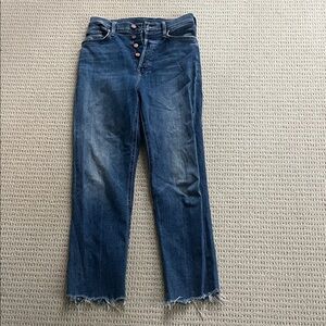 MOTHER Dark Blue Straight-Leg High-Rise Jeans with Frayed Hem
